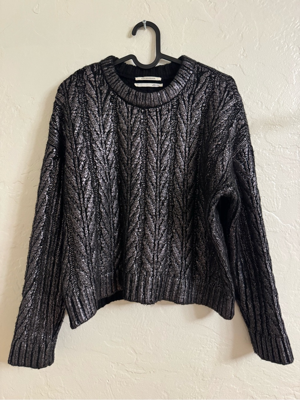 Metallic Cable-Knit Crewneck Sweater - Black